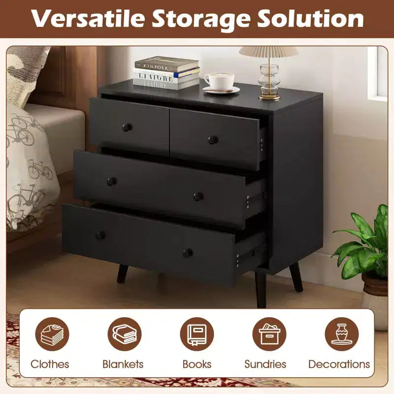 Commode à 4 tiroirs pour chambre à coucher, large commode avec glissières métalliques, teck et noir/noyer/naturel