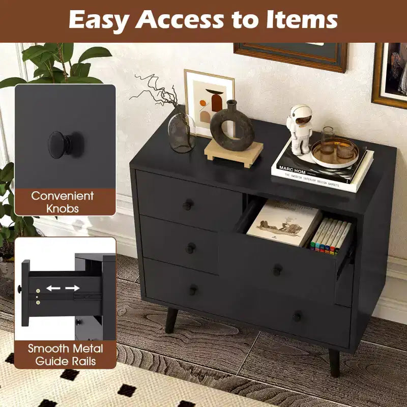 Commode à 4 tiroirs pour chambre à coucher, large commode avec glissières métalliques, teck et noir/noyer/naturel