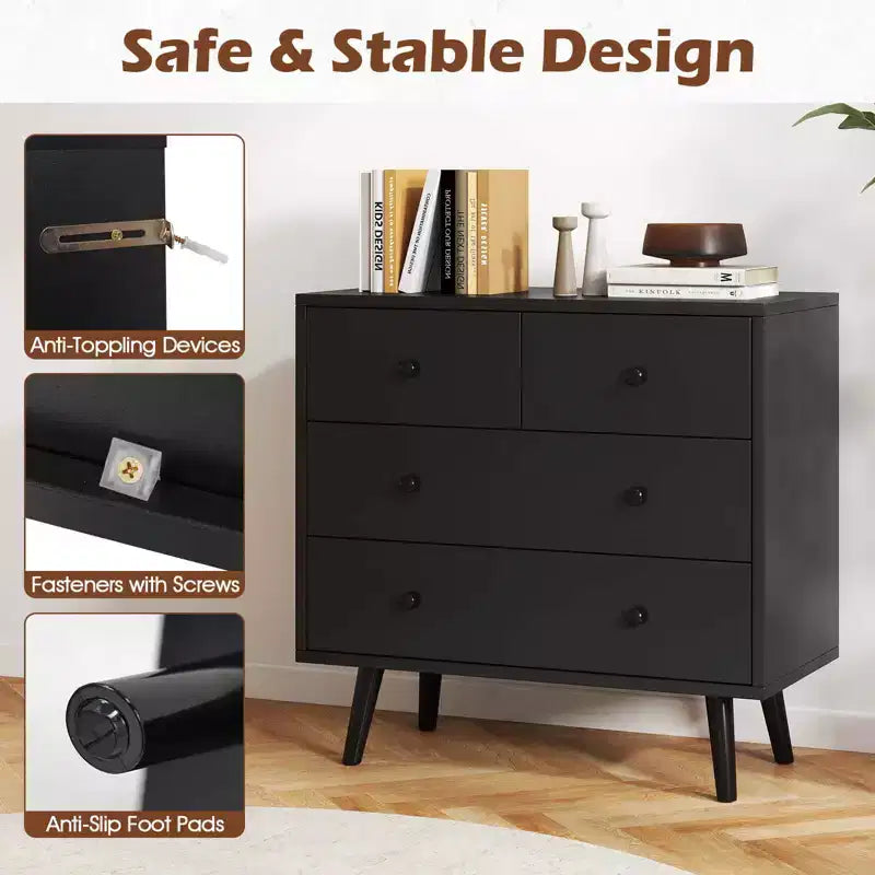 Commode à 4 tiroirs pour chambre à coucher, large commode avec glissières métalliques, teck et noir/noyer/naturel