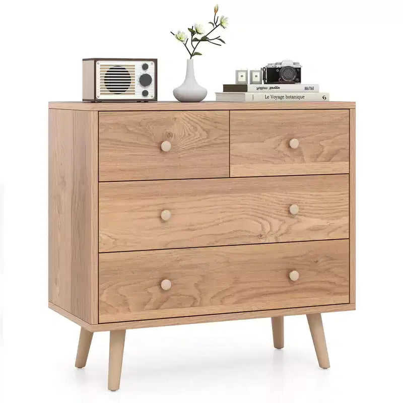 Commode à 4 tiroirs pour chambre à coucher, large commode avec glissières métalliques, teck et noir/noyer/naturel