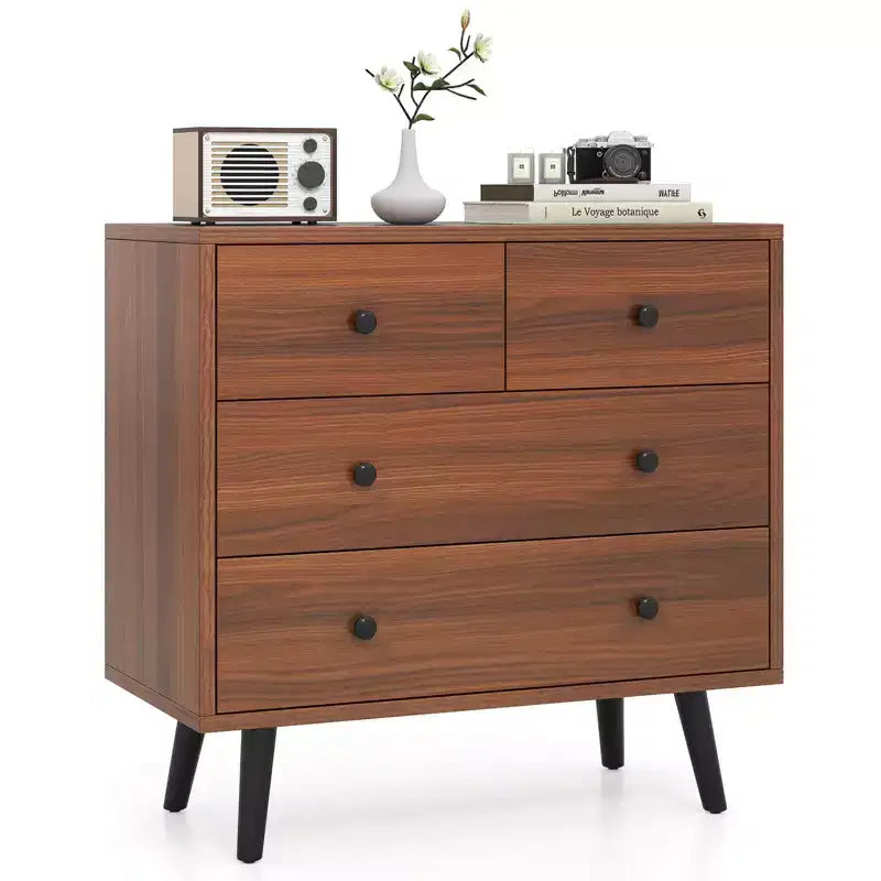 Commode à 4 tiroirs pour chambre à coucher, large commode avec glissières métalliques, teck et noir/noyer/naturel