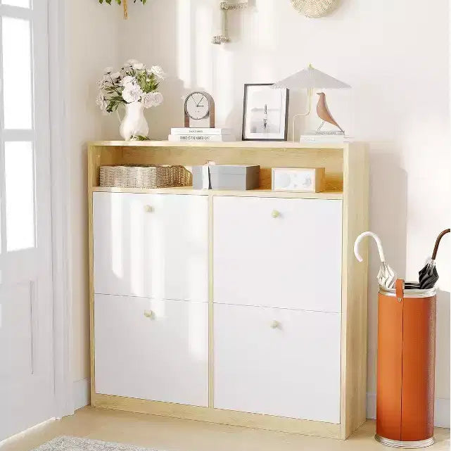 Modern Shoe Storage Cabinet with 4 Flip Drawers, Space-Saving Shoe Organizer with Wooden Handles for Entryway, Hallway or Bedroom