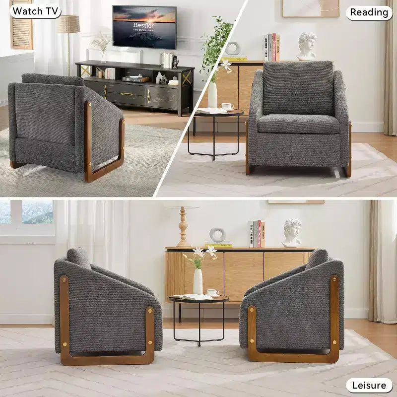 Fauteuil en tissu chenille, fauteuil d'appoint avec cadre latéral en bois, garniture cloutée dorée, fauteuil de loisirs rembourré pour salon, chambre à coucher