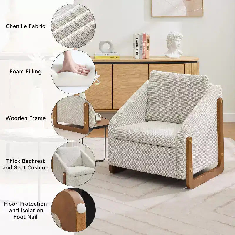 Fauteuil en tissu chenille, fauteuil d'appoint avec cadre latéral en bois, garniture cloutée dorée, fauteuil de loisirs rembourré pour salon, chambre à coucher