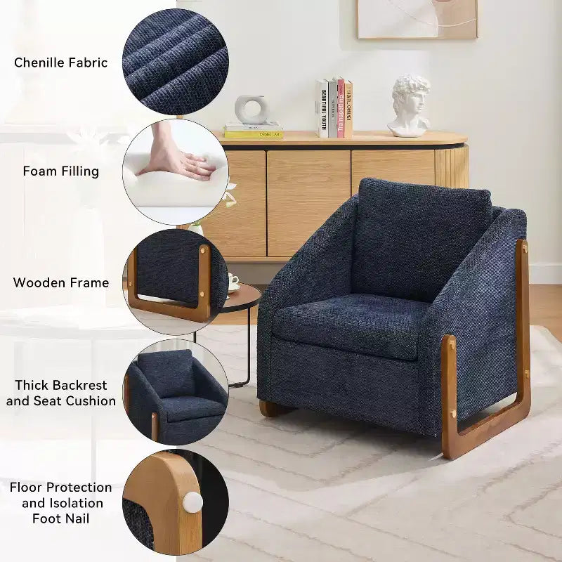 Fauteuil en tissu chenille, fauteuil d'appoint avec cadre latéral en bois, garniture cloutée dorée, fauteuil de loisirs rembourré pour salon, chambre à coucher