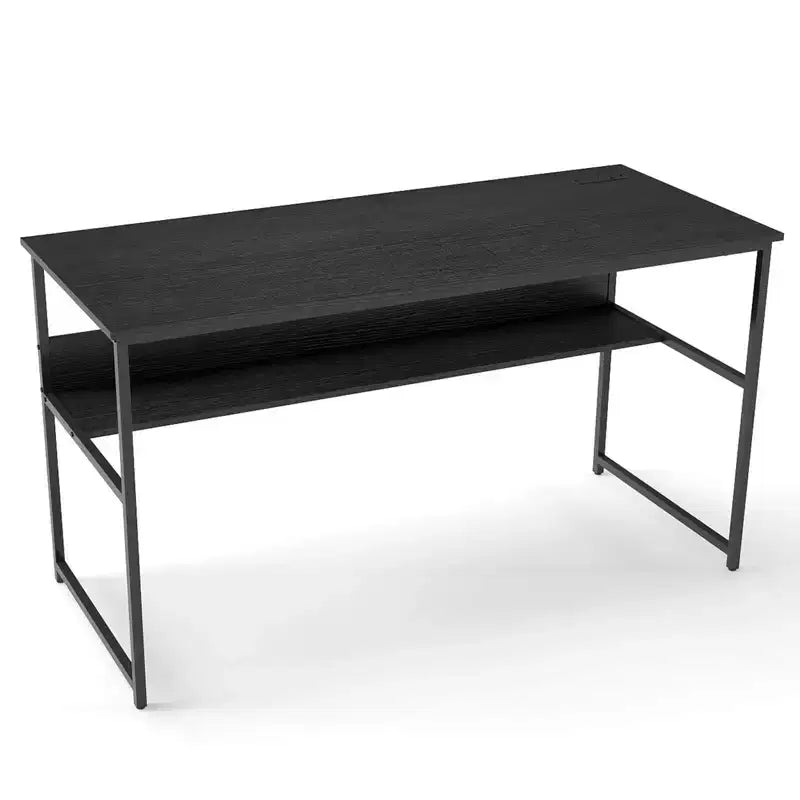 Bureau informatique 55 x 24 avec prises de courant et ports USB, étagère de rangement, cadre métallique noir/marron