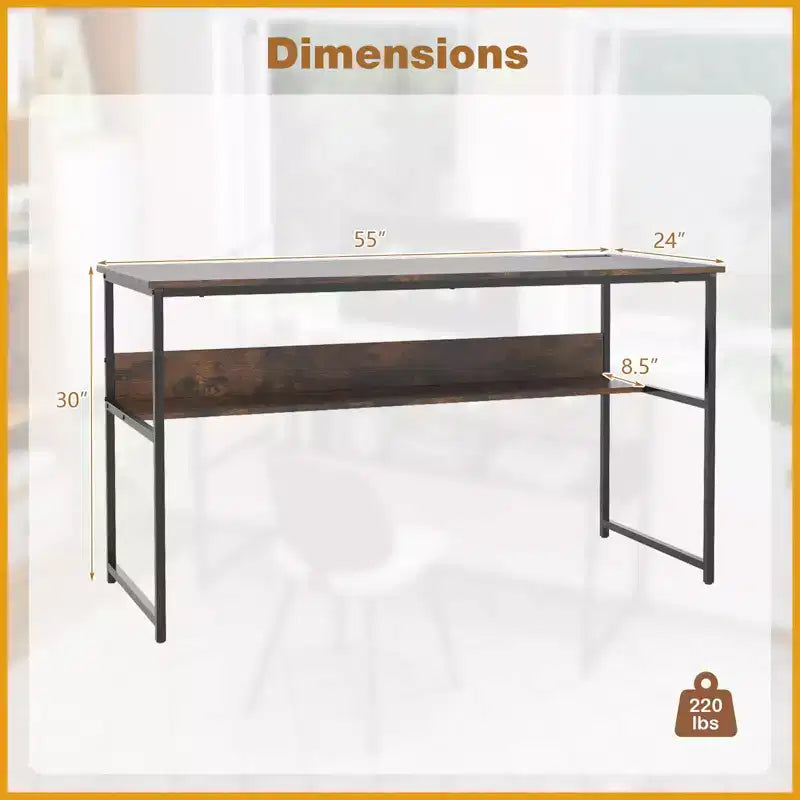 Bureau informatique 55 x 24 avec prises de courant et ports USB, étagère de rangement, cadre métallique noir/marron