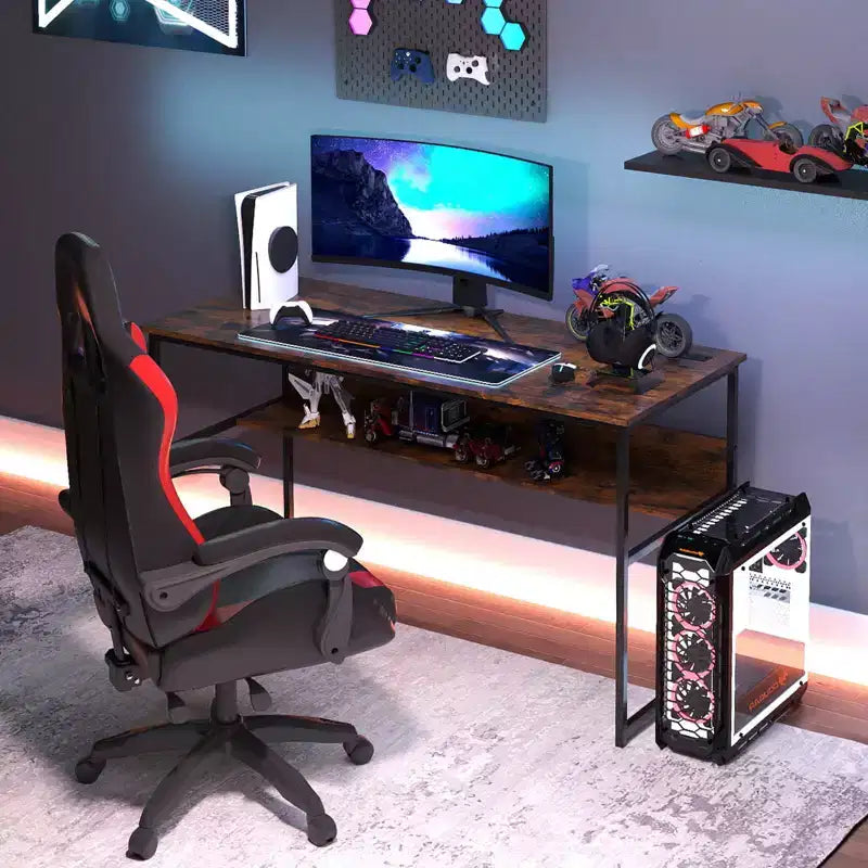 Bureau informatique 55 x 24 avec prises de courant et ports USB, étagère de rangement, cadre métallique noir/marron