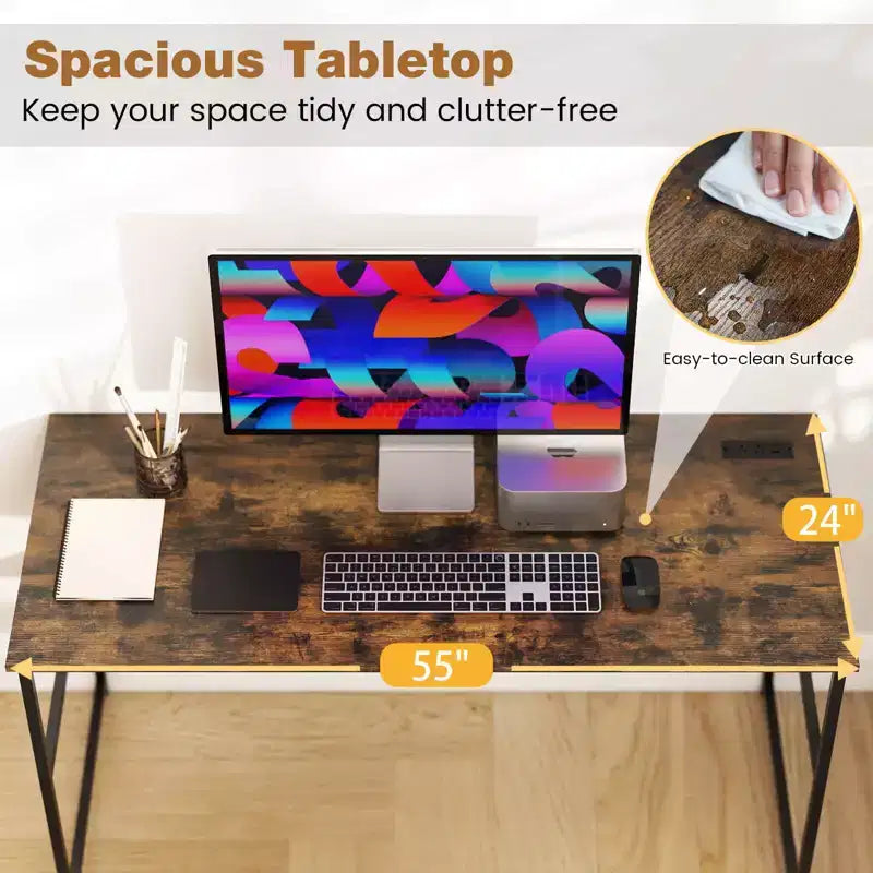 Bureau informatique 55 x 24 avec prises de courant et ports USB, étagère de rangement, cadre métallique noir/marron