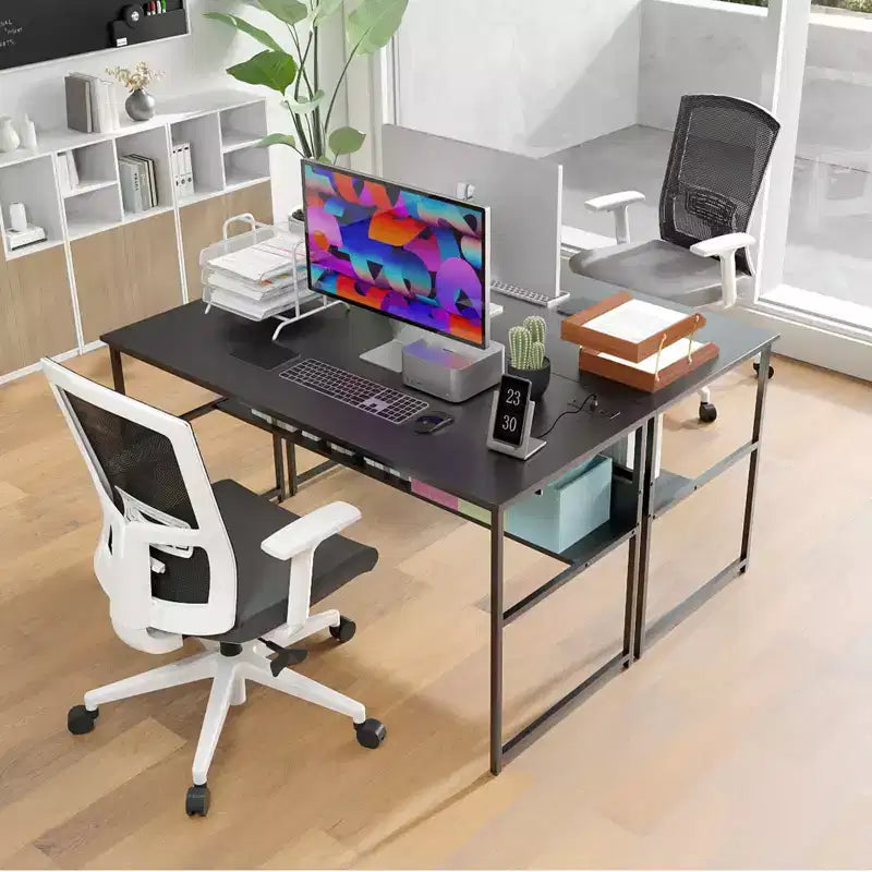 Bureau informatique 55 x 24 avec prises de courant et ports USB, étagère de rangement, cadre métallique noir/marron