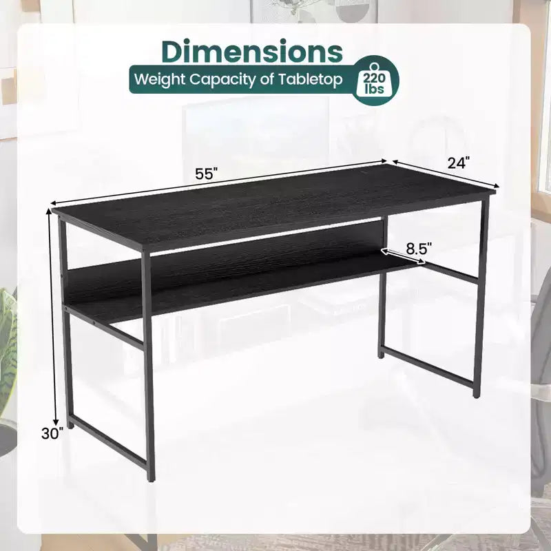 Bureau informatique 55 x 24 avec prises de courant et ports USB, étagère de rangement, cadre métallique noir/marron