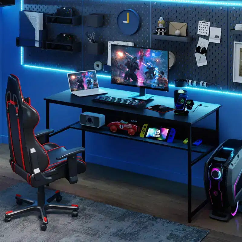 Bureau informatique 55 x 24 avec prises de courant et ports USB, étagère de rangement, cadre métallique noir/marron
