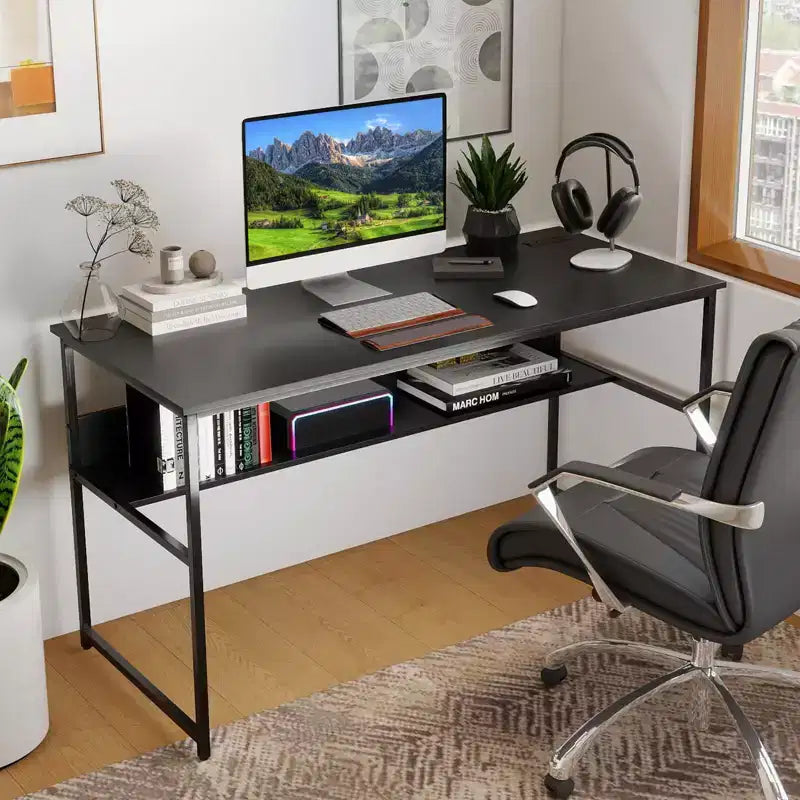 Bureau informatique 55 x 24 avec prises de courant et ports USB, étagère de rangement, cadre métallique noir/marron