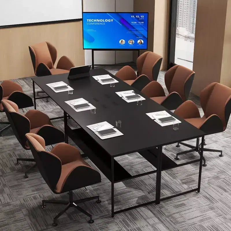 Bureau informatique 55 x 24 avec prises de courant et ports USB, étagère de rangement, cadre métallique noir/marron