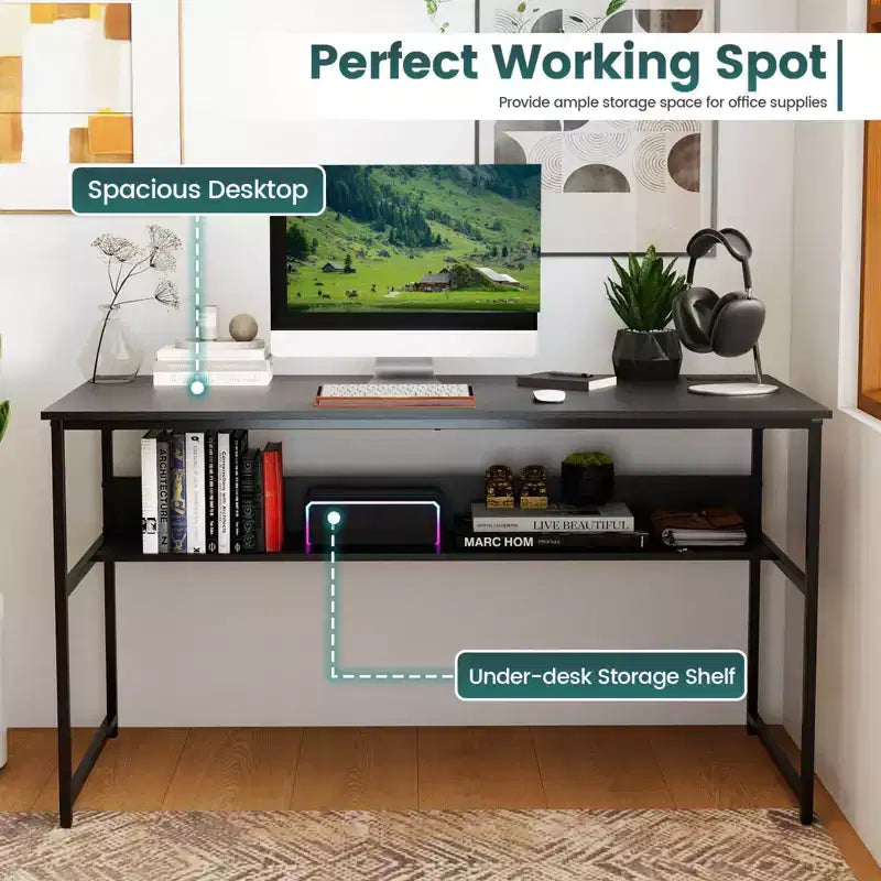 Bureau informatique 55 x 24 avec prises de courant et ports USB, étagère de rangement, cadre métallique noir/marron