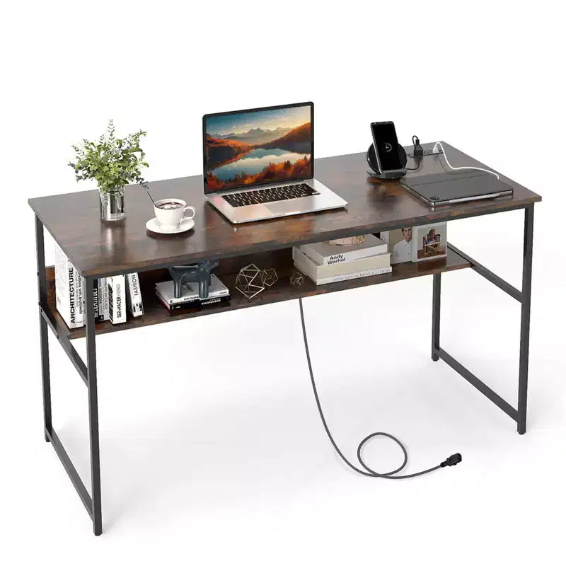 Bureau informatique 55 x 24 avec prises de courant et ports USB, étagère de rangement, cadre métallique noir/marron