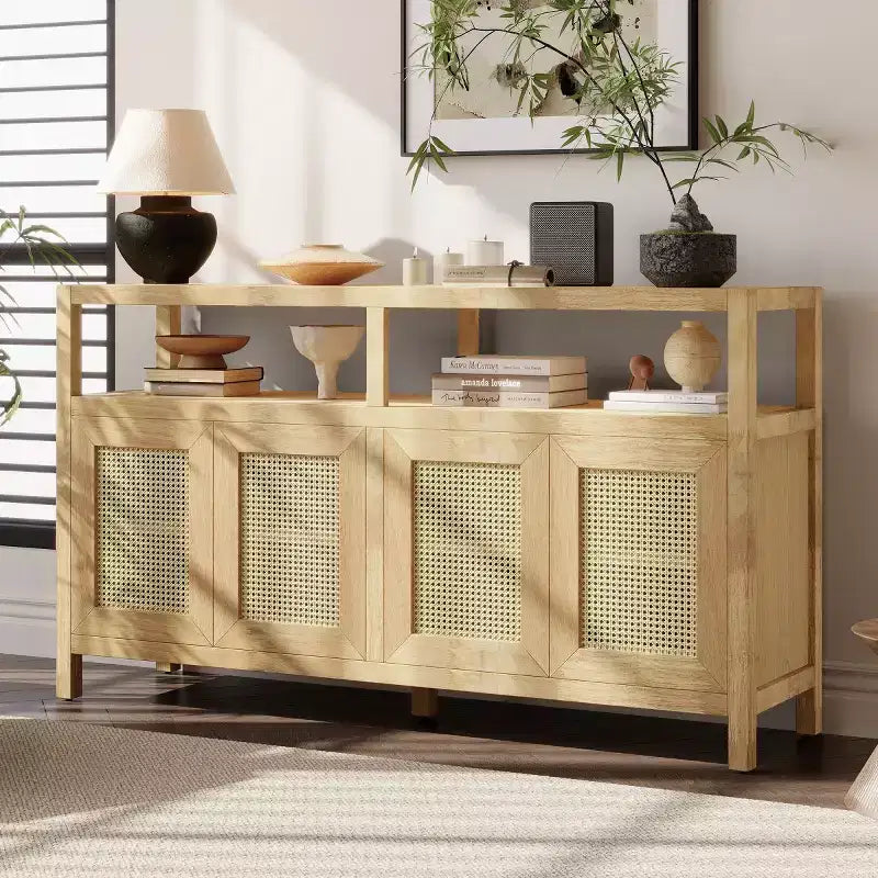 Buffet en rotin style bohème, armoire de rangement d'appoint avec cadre en bois massif, portes à ouverture par pression et étagère réglable