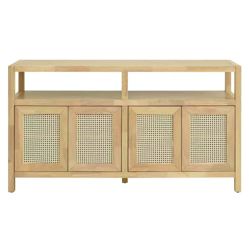 Buffet en rotin style bohème, armoire de rangement d'appoint avec cadre en bois massif, portes à ouverture par pression et étagère réglable