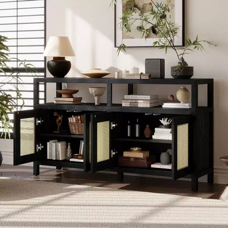 Buffet en rotin style bohème, armoire de rangement d'appoint avec cadre en bois massif, portes à ouverture par pression et étagère réglable