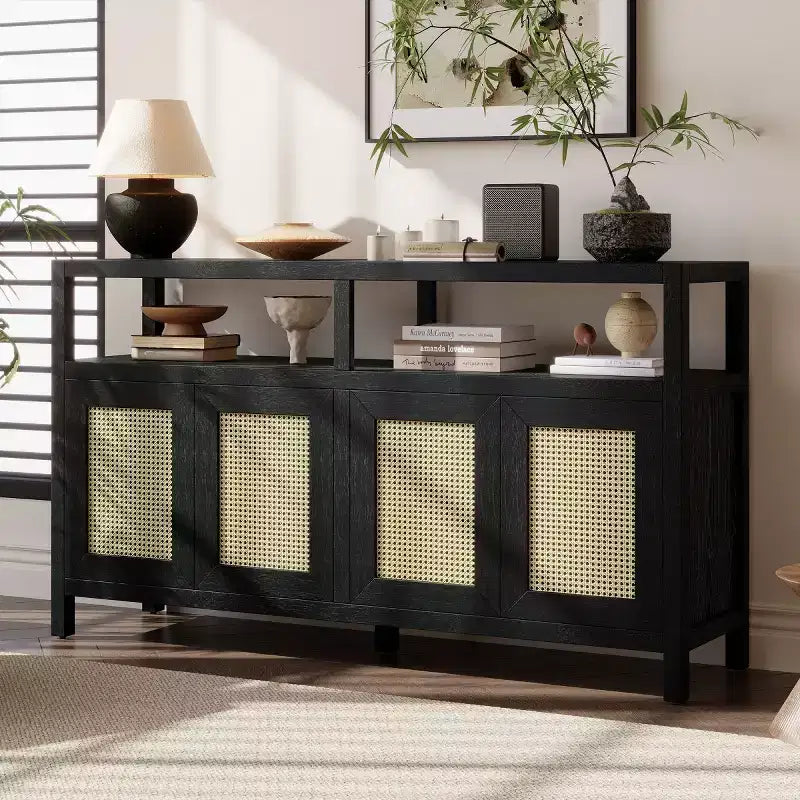 Buffet en rotin style bohème, armoire de rangement d'appoint avec cadre en bois massif, portes à ouverture par pression et étagère réglable