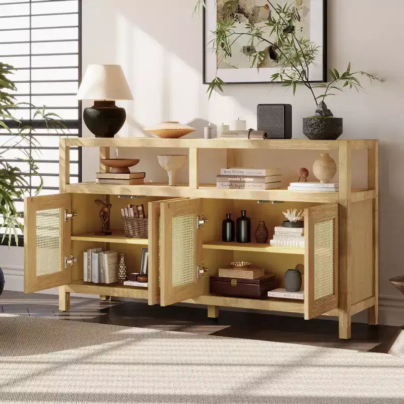 Buffet en rotin style bohème, armoire de rangement d'appoint avec cadre en bois massif, portes à ouverture par pression et étagère réglable