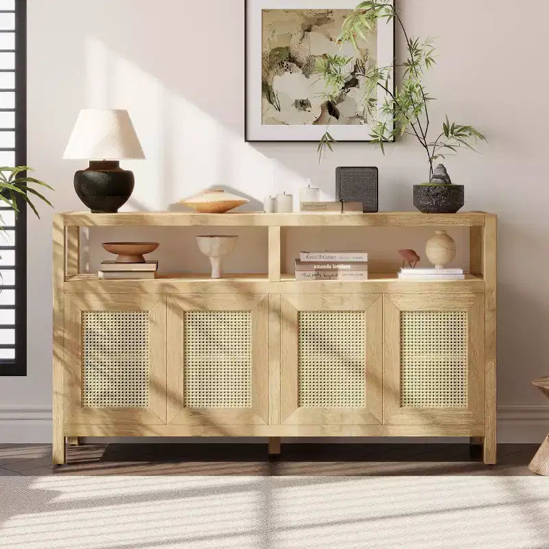 Buffet en rotin style bohème, armoire de rangement d'appoint avec cadre en bois massif, portes à ouverture par pression et étagère réglable
