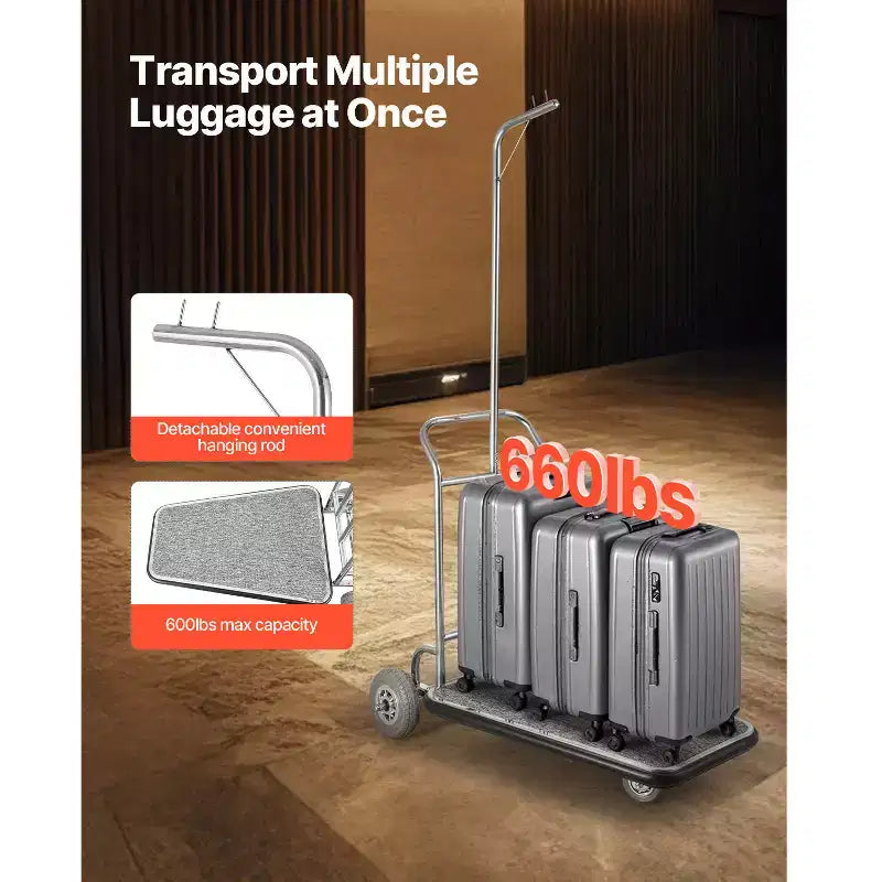 Chariot à bagages, capacité de charge de 272 kg, chariot de bagagiste en acier inoxydable à 3 roues, chariot de voiturier avec plateforme recouverte de moquette grise et roues en caoutchouc, argent