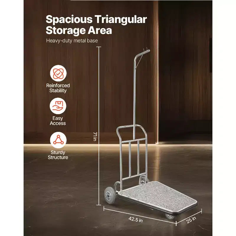 Chariot à bagages, capacité de charge de 272 kg, chariot de bagagiste en acier inoxydable à 3 roues, chariot de voiturier avec plateforme recouverte de moquette grise et roues en caoutchouc, argent
