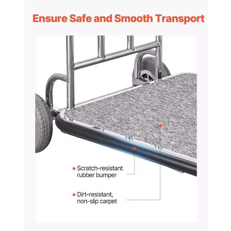 Chariot à bagages, capacité de charge de 272 kg, chariot de bagagiste en acier inoxydable à 3 roues, chariot de voiturier avec plateforme recouverte de moquette grise et roues en caoutchouc, argent