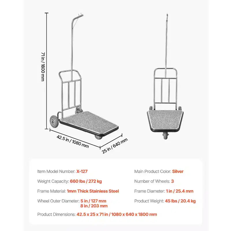Chariot à bagages, capacité de charge de 272 kg, chariot de bagagiste en acier inoxydable à 3 roues, chariot de voiturier avec plateforme recouverte de moquette grise et roues en caoutchouc, argent
