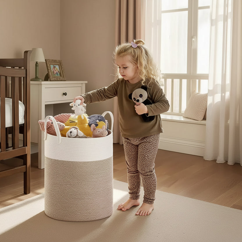 Panier à linge en corde de coton, panier à linge en fibre naturelle de 60 L avec poignées, pour jouets d'enfants, vêtements, chambre à coucher, salon