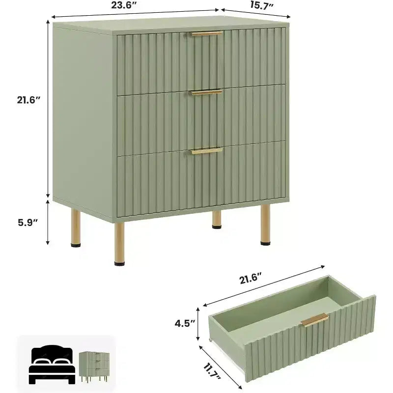 Commode à 3 tiroirs, table de chevet moderne cannelée avec tiroirs profonds et pieds dorés, petit organiseur de table d'appoint pour chambre ou salon