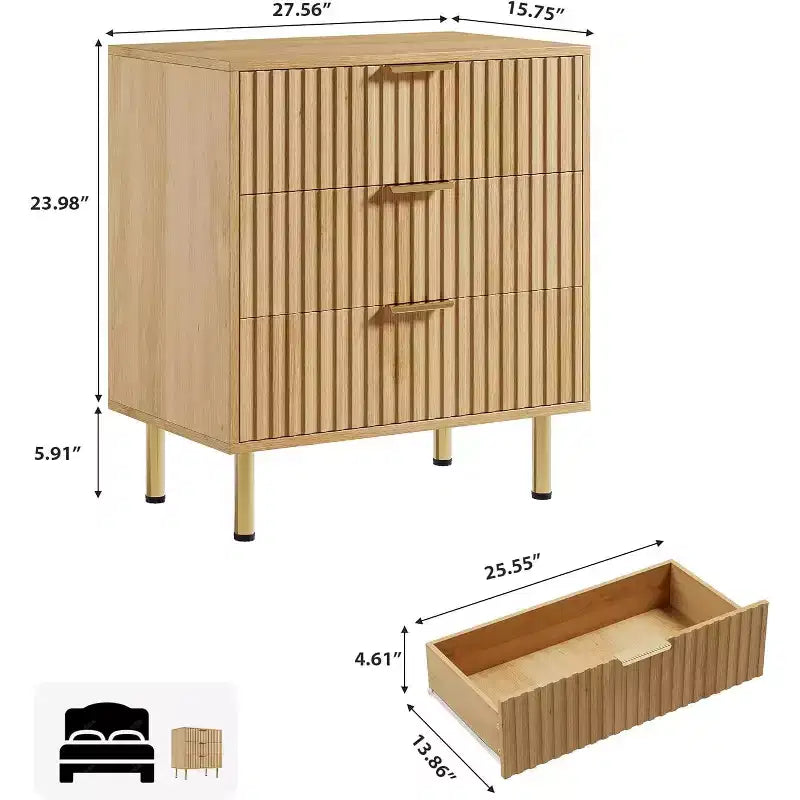 Commode à 3 tiroirs, table de chevet moderne cannelée avec tiroirs profonds et pieds dorés, petit organiseur de table d'appoint pour chambre ou salon