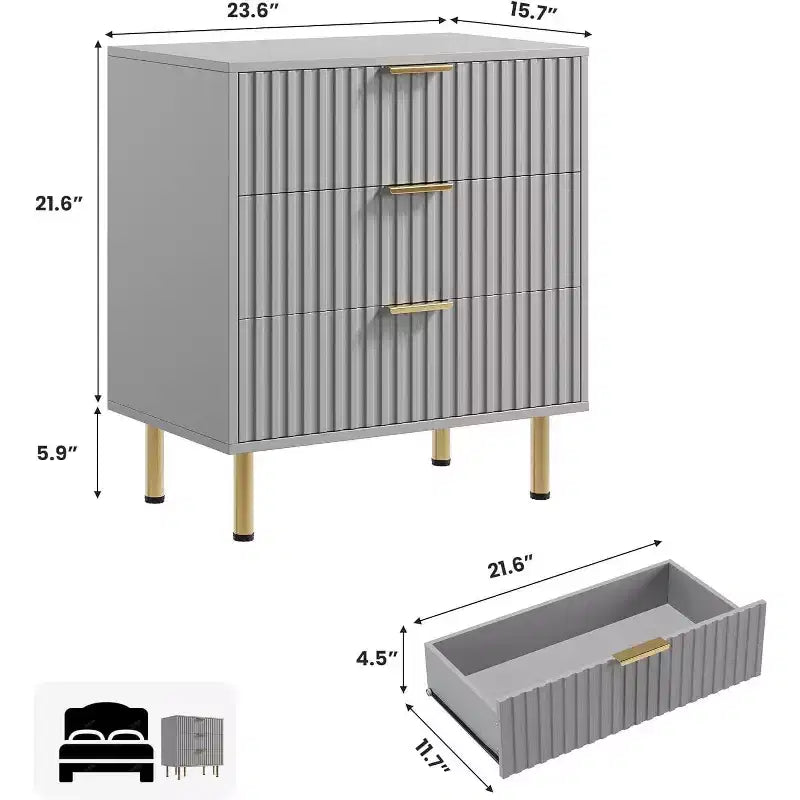 Commode à 3 tiroirs, table de chevet moderne cannelée avec tiroirs profonds et pieds dorés, petit organiseur de table d'appoint pour chambre ou salon
