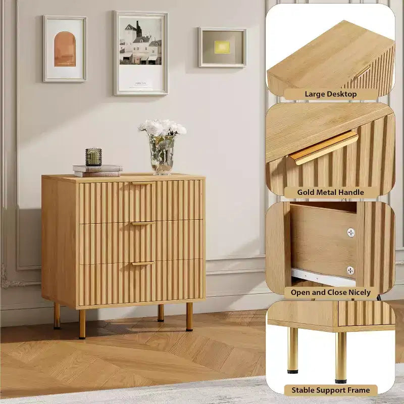 Commode à 3 tiroirs, table de chevet moderne cannelée avec tiroirs profonds et pieds dorés, petit organiseur de table d'appoint pour chambre ou salon
