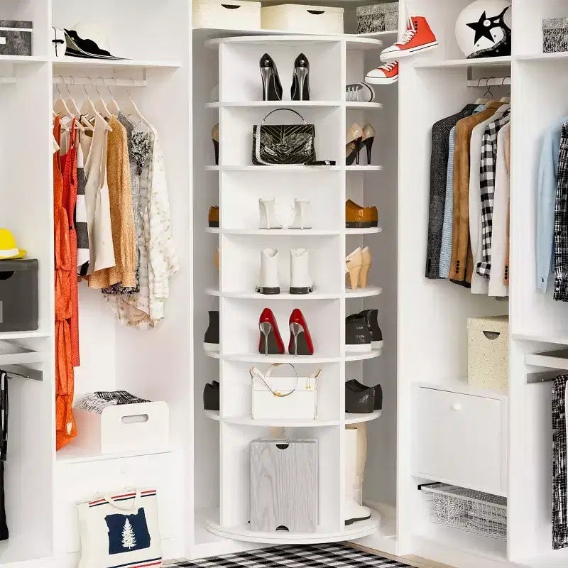 Étagère à chaussures rotative à 7 niveaux, tour de rangement rotative sur pied à 360°, tour à chaussures surélevée avec plateau de rangement rotatif - Blanc