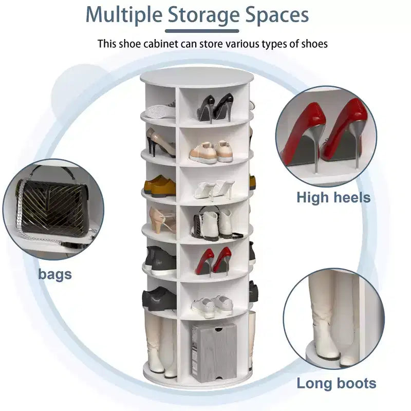 Étagère à chaussures rotative à 7 niveaux, tour de rangement rotative sur pied à 360°, tour à chaussures surélevée avec plateau de rangement rotatif - Blanc