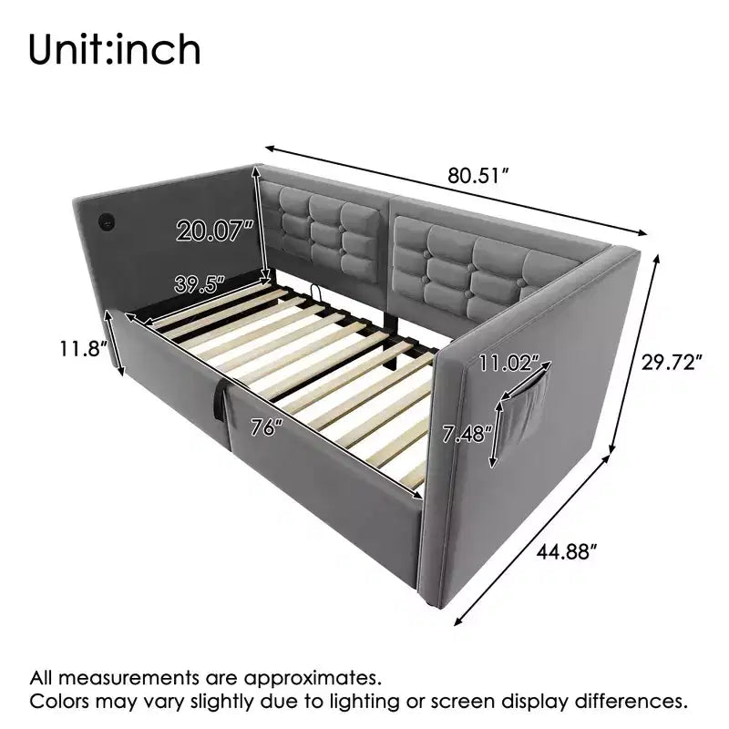 Canapé-lit moderne double avec USB et rangement dissimulé, lit de repos capitonné rembourré pour chambre à coucher, chambre d'enfant, bureau
