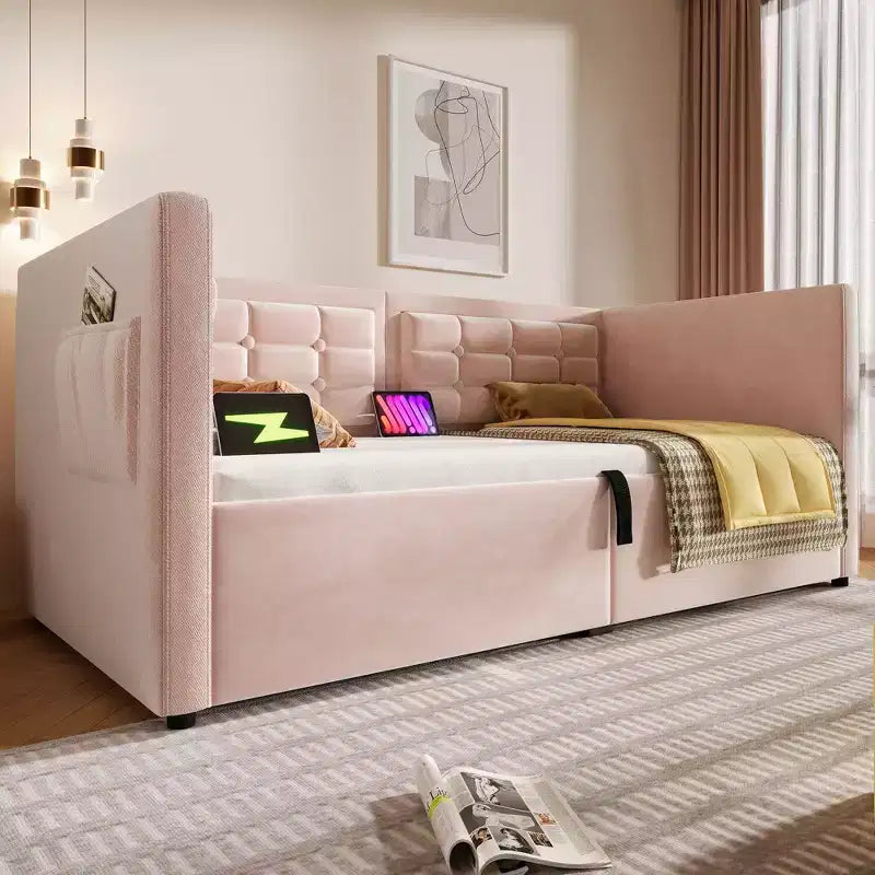 Canapé-lit moderne double avec USB et rangement dissimulé, lit de repos capitonné rembourré pour chambre à coucher, chambre d'enfant, bureau