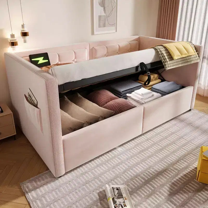 Canapé-lit moderne double avec USB et rangement dissimulé, lit de repos capitonné rembourré pour chambre à coucher, chambre d'enfant, bureau