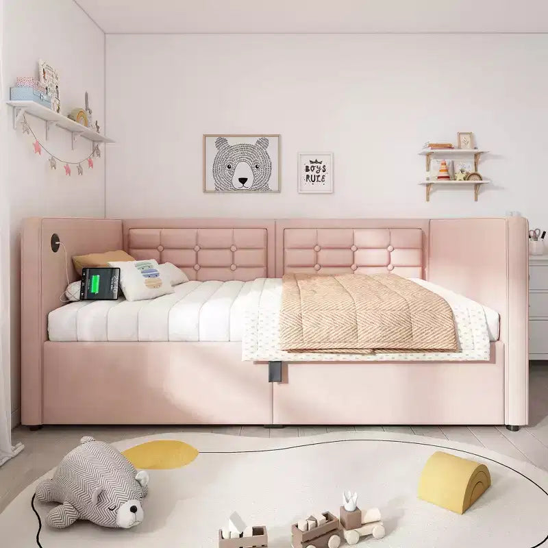 Canapé-lit moderne double avec USB et rangement dissimulé, lit de repos capitonné rembourré pour chambre à coucher, chambre d'enfant, bureau