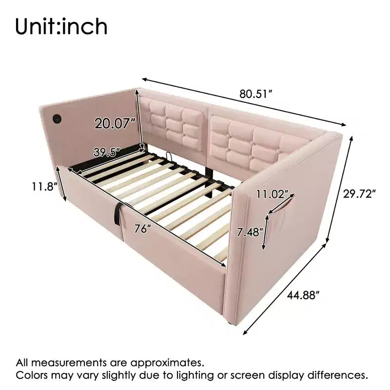 Canapé-lit moderne double avec USB et rangement dissimulé, lit de repos capitonné rembourré pour chambre à coucher, chambre d'enfant, bureau