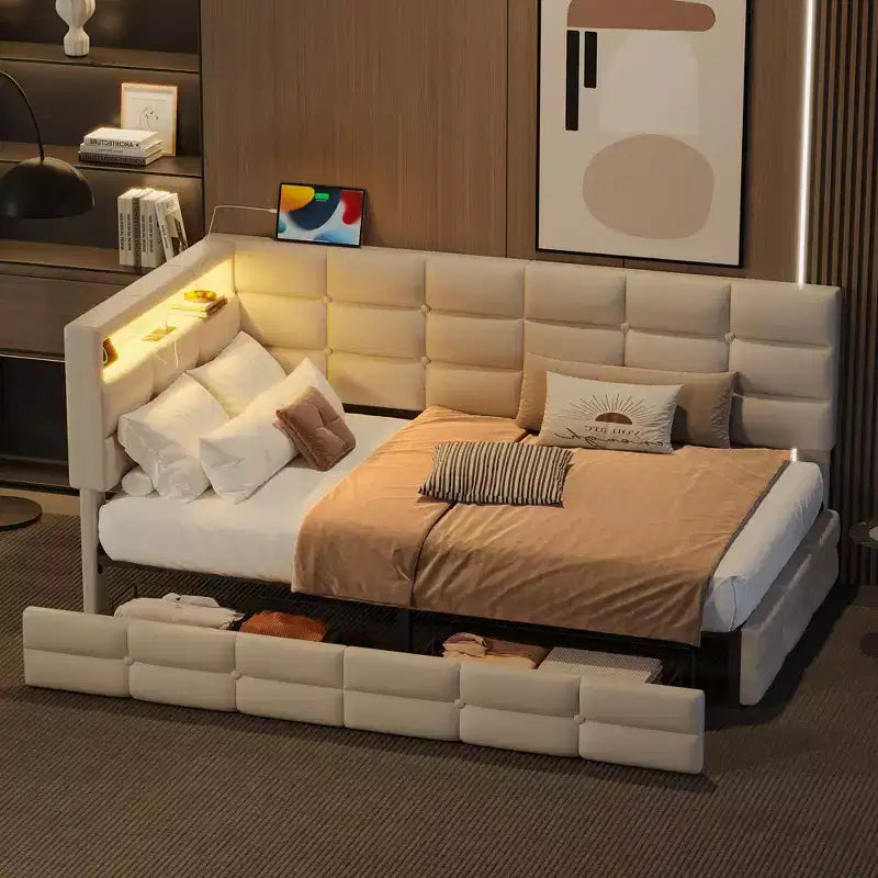 Canapé-lit moderne double avec USB et rangement dissimulé, lit de repos capitonné rembourré pour chambre à coucher, chambre d'enfant, bureau