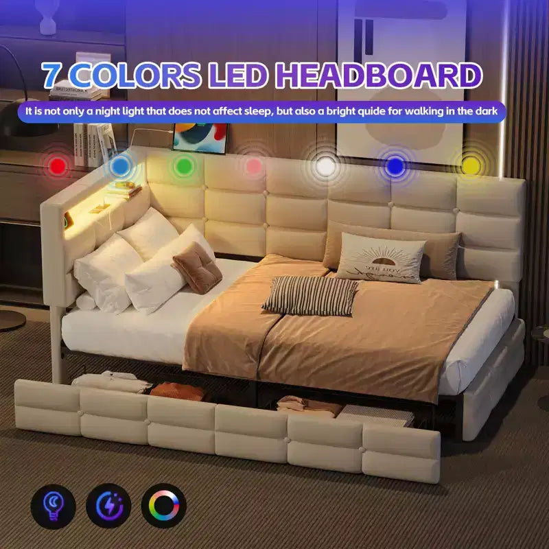 Canapé-lit moderne double avec USB et rangement dissimulé, lit de repos capitonné rembourré pour chambre à coucher, chambre d'enfant, bureau