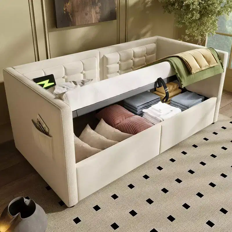 Canapé-lit moderne double avec USB et rangement dissimulé, lit de repos capitonné rembourré pour chambre à coucher, chambre d'enfant, bureau