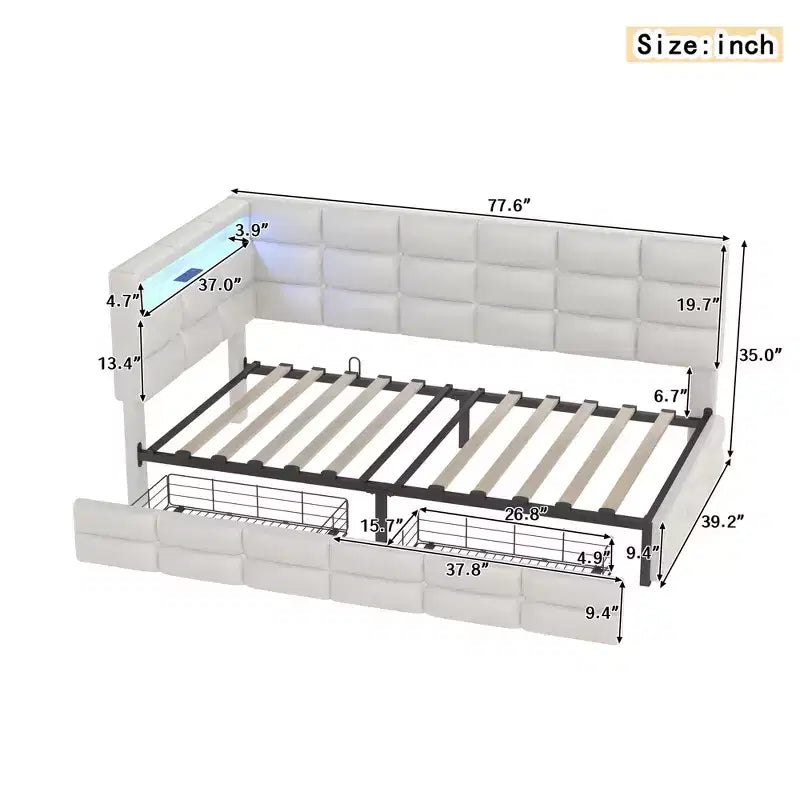 Canapé-lit moderne double avec USB et rangement dissimulé, lit de repos capitonné rembourré pour chambre à coucher, chambre d'enfant, bureau