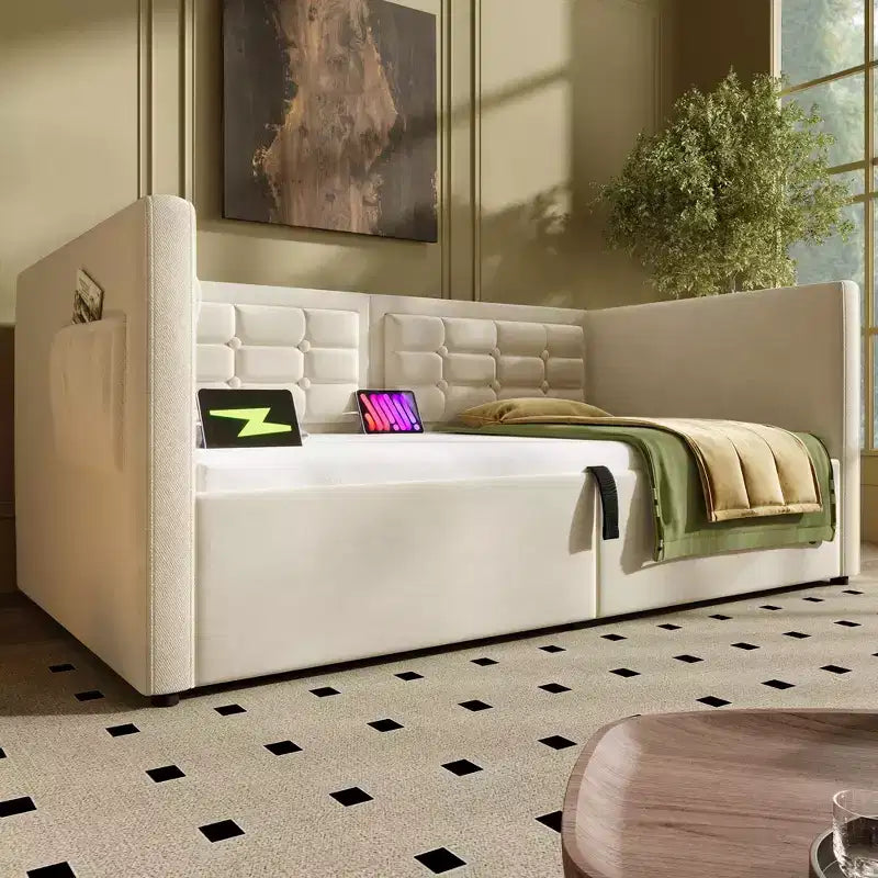 Canapé-lit moderne double avec USB et rangement dissimulé, lit de repos capitonné rembourré pour chambre à coucher, chambre d'enfant, bureau