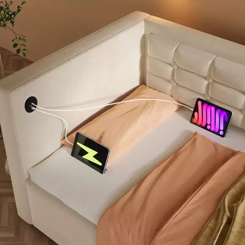 Canapé-lit moderne double avec USB et rangement dissimulé, lit de repos capitonné rembourré pour chambre à coucher, chambre d'enfant, bureau