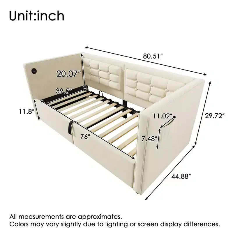 Canapé-lit moderne double avec USB et rangement dissimulé, lit de repos capitonné rembourré pour chambre à coucher, chambre d'enfant, bureau