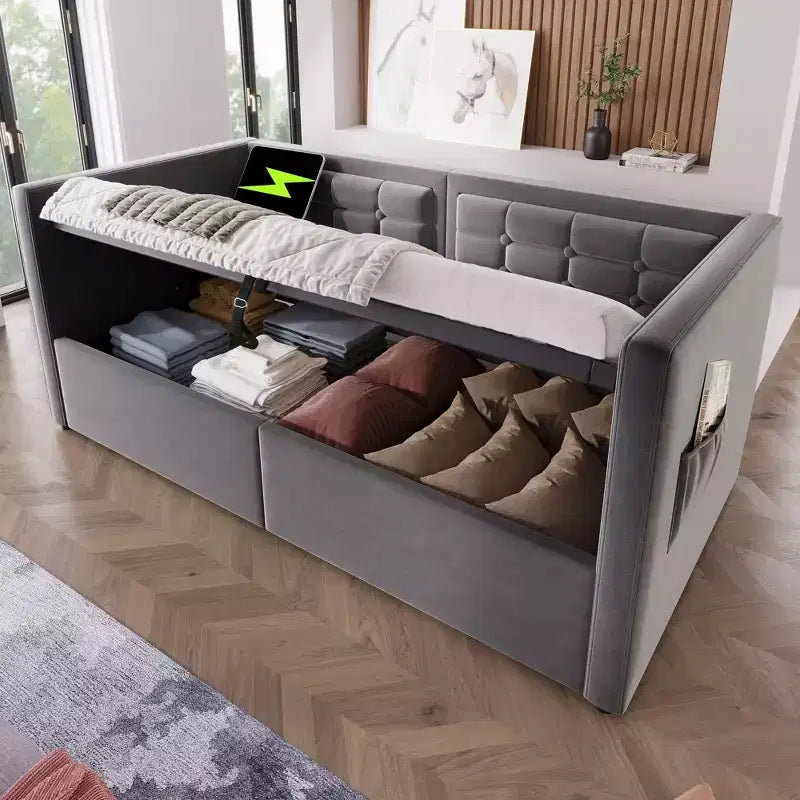 Canapé-lit moderne double avec USB et rangement dissimulé, lit de repos capitonné rembourré pour chambre à coucher, chambre d'enfant, bureau
